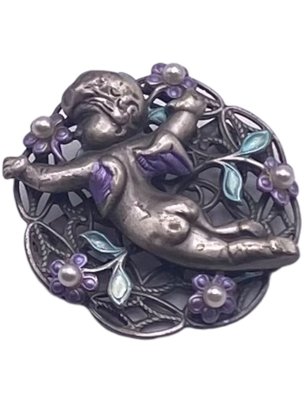Vintage Style Pewter Colored Baby Cherub w/ Hand Painted Flowers & Tiny Pearls